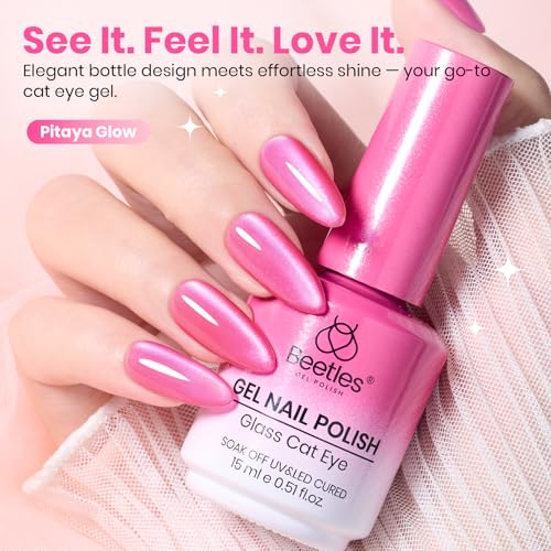 Image of Beetles Hot Pink Cat Eye Gel Nail Polish - Pitaya Glow 15ML Full Size Glitter Pink Cat Eye Summer Gel Polish Magnetic Shimmer Effect Soak Off UV Nail Art Design Salon DIY Manicure Gift for Women