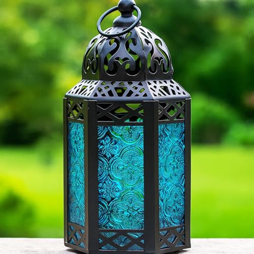 Vela Lanterns Lanterna Marocchina Decorativa in Metallo Nero Portacandele Lampada per Decorazione Casa Interna o Esterna, Piccola, Blu
