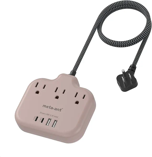 5FT Cruise Approved Power Strip with USB C - Brown Flat Plug Extension Cord with 3 Outlets & 4 USB Ports (2 USB-C), No Surge Protector for Home, Office, Desk, Wood Grain Room