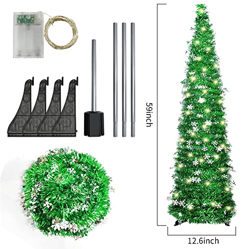 5Ft Pop Up Christmas Tree With 100 Led Lights, Prelit Tinsel Artificial Christmas Tree With Snowflake Ornaments Battery Operated 2 Modes Led Light, Christmas Decorations For Indoor Home Office #TOP6
