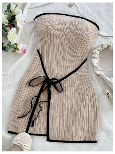 Image of MakeMeChic Women's Knitted Strapless Sweater Dress | Wrap Tie Front, Party, Mini, Tube