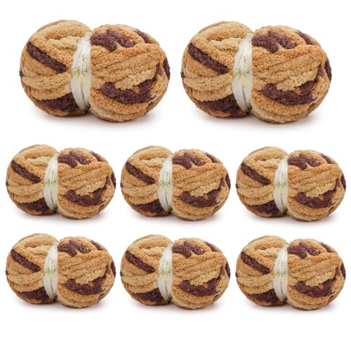 Image of Chunky Yarn for Hand Knitting, Chunky Chenille Blanket Yarn for Crocheting, Bulky Soft Fluffy Chenille for Blanket Project, 8 Pack of 8oz /25yds, Cappuccino