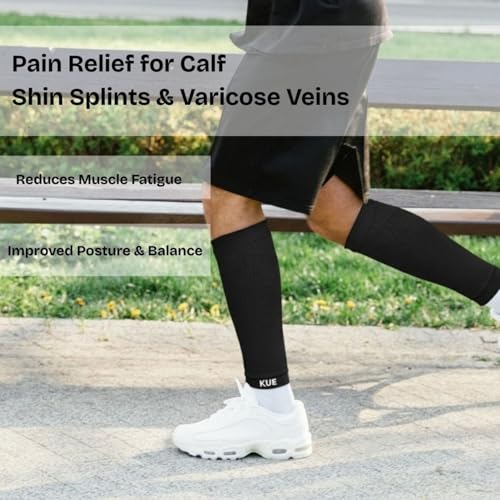 Image of KUE Compression Calf Sleeves for Running, Sports, & Medical Recovery | Graduated Support for Men & Women | Improves Blood Circulation, Reduces Swelling, Pain Relief |UV Protection (Black, 2 Pairs, M)