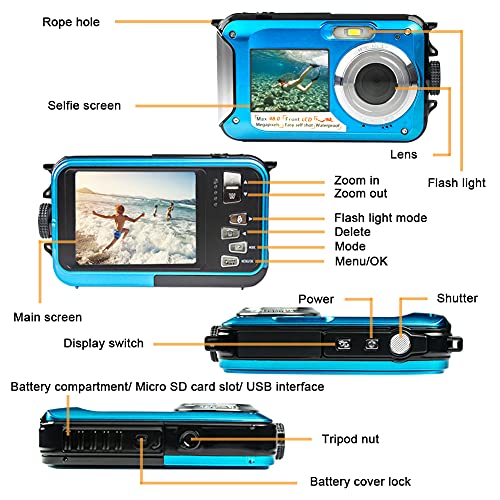 Appareil Photo Etanche Numérique Full HD 2.7K 48MP Camera Etanche pour la plongée en apnée Camera sous Marine à Double écran avec Retardateur et Zoom Numérique 16X - Image 8