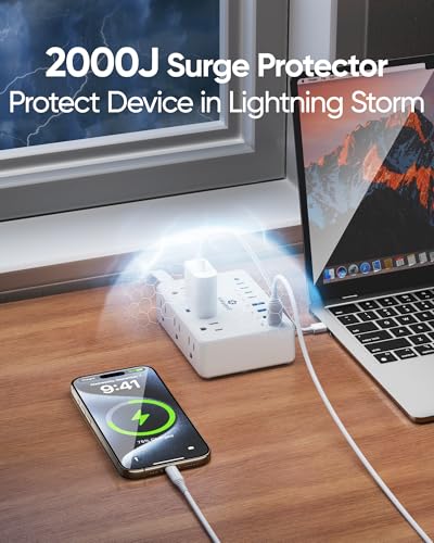 Image of Small Surge Protector Power Strip, Kakyanill 5 ft Flat Extension Cord with 4 Outlets 3 USB Ports (2 USB C), 900 Joules Protection, Suitable for Home Office Dorm Room, White