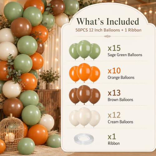 Image of Sage Green and Orange Balloons, 12 Inch Green Brown Orange Balloons Olive Green Brown Beige Jungle Safari Wild Woodland Balloon for Birthday Wedding Baby Shower Party Decorations