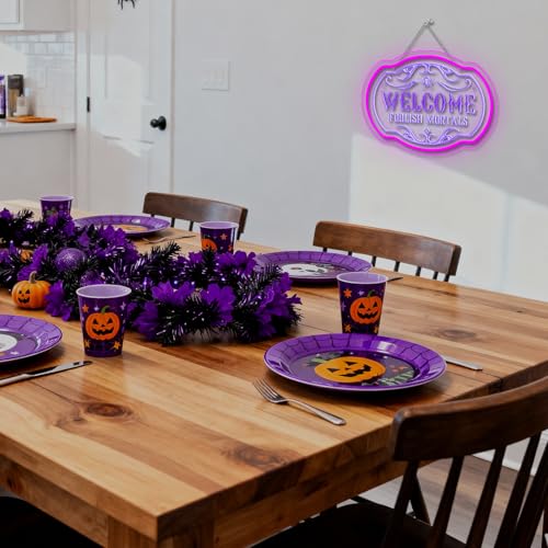 Image of Welcome Foolish Mortals Neon Sign Halloween LED Light Up Sign for Halloween | Haunted mansion style wall decor, spooky neon light for halloween parties, horror bars, theme rooms, adjustable brightness