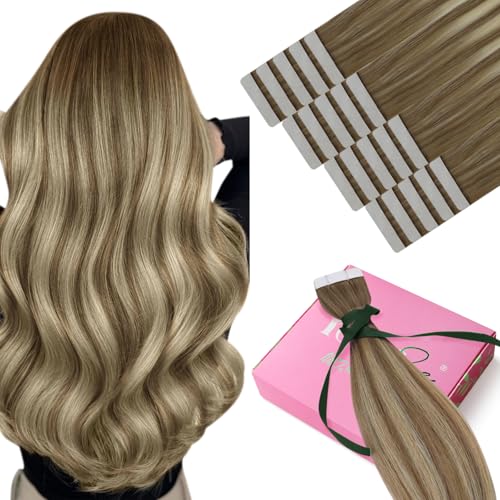 Image of YoungSee Human Hair Tape in Extensions 24 Inch, Hair Extensions Tape in Brown Balayage, Tape Extension Human Hair, Light Brown Ombre Platinum Blonde, Long Hair, for Wedding, 50g 20pcs