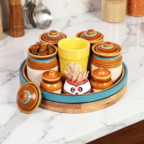 Image of AAKRITI ART CREATIONS Traditional Granny Pickle Tray Set | Ceramic Achar ki Barni & Mukhwas Box | Includes Teak Wood Tray & Utility Holders | Handcrafted Traditional Storage Jar for Spice & Pickle