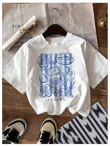 Image of RoseSeek Women's Graphic Letter Tee Crew Neck Drop Shoulder Trendy Summer T Shirt Short Sleeve Vintage Car Print Top