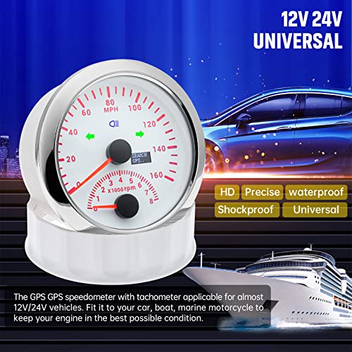 Image of ARTILAURA GPS Speedometer 0-160MPH with Tachometer 8000 RPM Gauge 85mm 3-3 /8 inch Boat GPS Speedometer Gauge with Antenna for Car Marine (White)