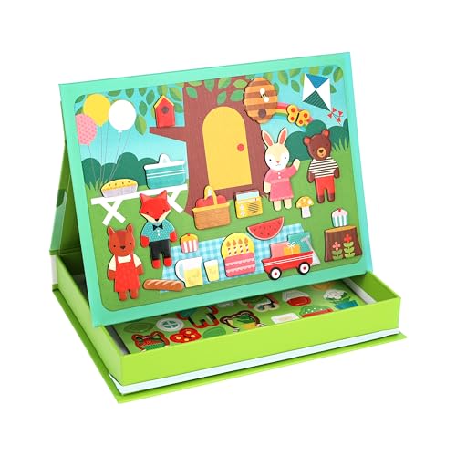 Petit Collage: Animal Friends Magnetic Game Board with Mix & Match, Ideal for Ages 3+, Includes Mag Play Scene Treehouse Party, 74 Count