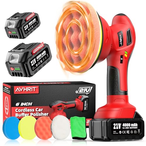 6 Inch Cordless Car Buffer Polisher: 2x4000mAh Batteries Car Buffer, Car Waxer Kit with 8 mm Orbit Block & 6 Speed Control (2500-6000 RPM) - for Car/Boat Detailing, Scratch Removal and Waxing