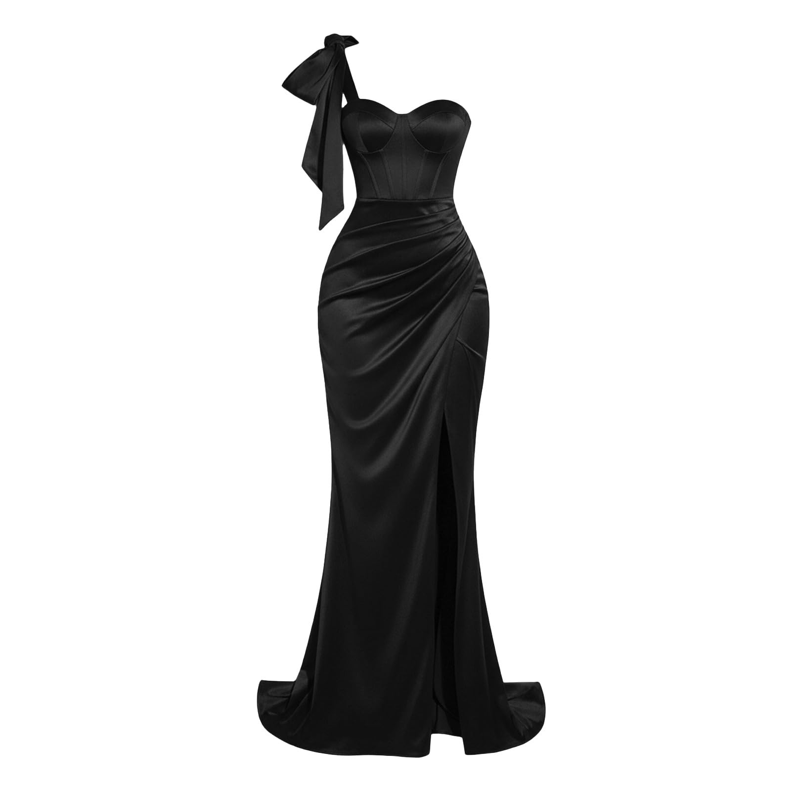 Générique Robe de Femme Longue Sirène en Satin Une Épaule avec Nœud - Élégante Sexy avec Corset Intégré et Fente Latérale pour Mariage Gala Bal