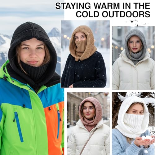 TAGVO Strickmütze Damen Thermo Winter, Multifunktional Winddicht Slouch Strickmütze Beanie mit Extra Langer und Dicker Schal, Elastisch Atmungsaktiv Sturmhaube Fahrrad Skimaske für Frauen Outdoor
