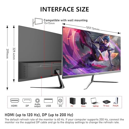 Image of Gawfolk Gaming Monitor 24.5 Inch 200Hz Built-in Speakers, 180hz PC Monitor FHD 1080P Frameless Computer Monitors, VA,sRGB 100%, DisplayPort, HDMI, Eye Care, Wall Mount Compatible (White)