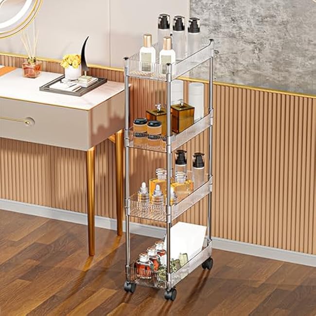 4-Tier Slim Rolling Cart with Lockable Wheels, Mobile Storage Trolley Acrylic Bathroom Organizer, Mobile Shelving Unit,Clear,16 Dx7.9 Wx35 H-E2seAmPV