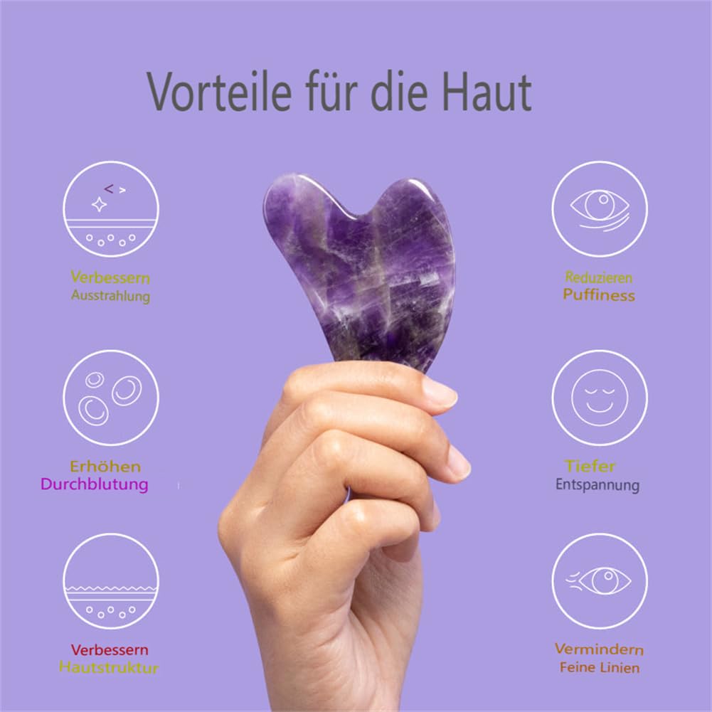 Kit de massage personnel améthyste Gua Sha - Rouleau en jade à double tête, plaque d'améthyste en forme de cœur Gua Sha, favorise la circulation sanguine et la guérison naturelle