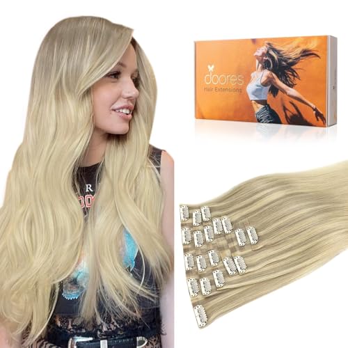 Image of DOORES Clip in Hair Extensions, Ash Blonde to Golden Blonde and Platinum Blonde 14 Inch 130g 7pcs, Seamless Clip in Hair Extensions Natural Straight Hair Thin Weft Invisi Edge Hair Extensions