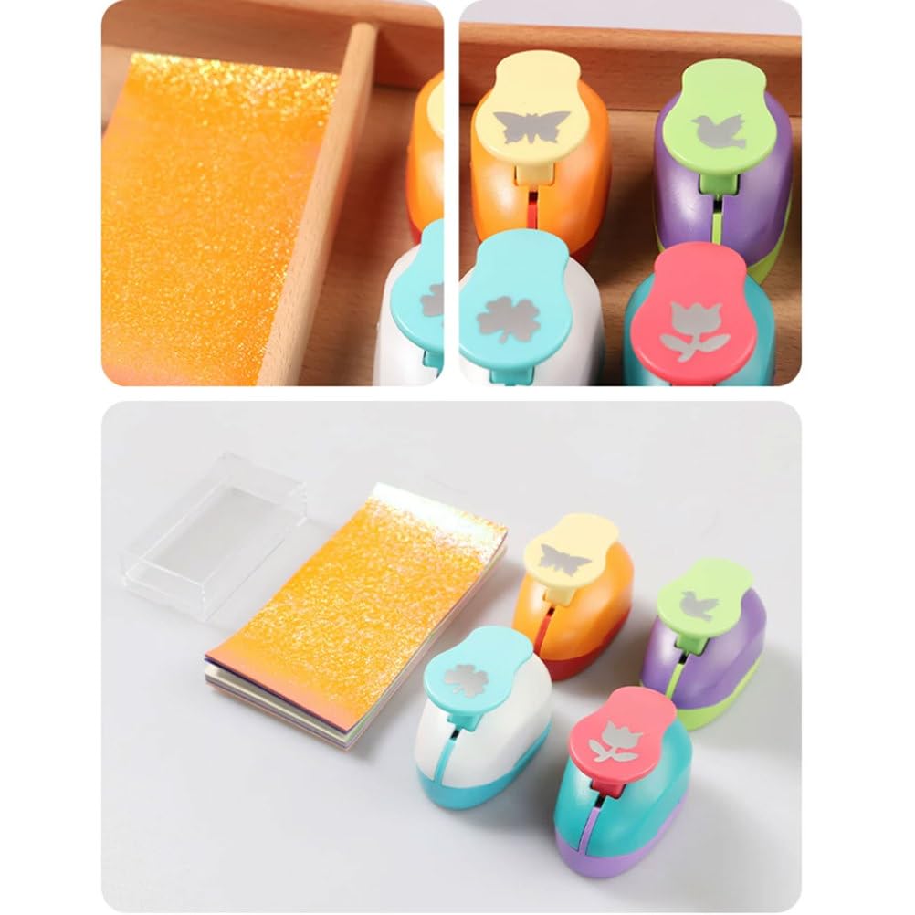 Montessori Papierlocher-Set, komplettes Bastel-Lochset mit Holztablett, 4 Formenlocher, buntes Papier & Aufbewahrungsbox