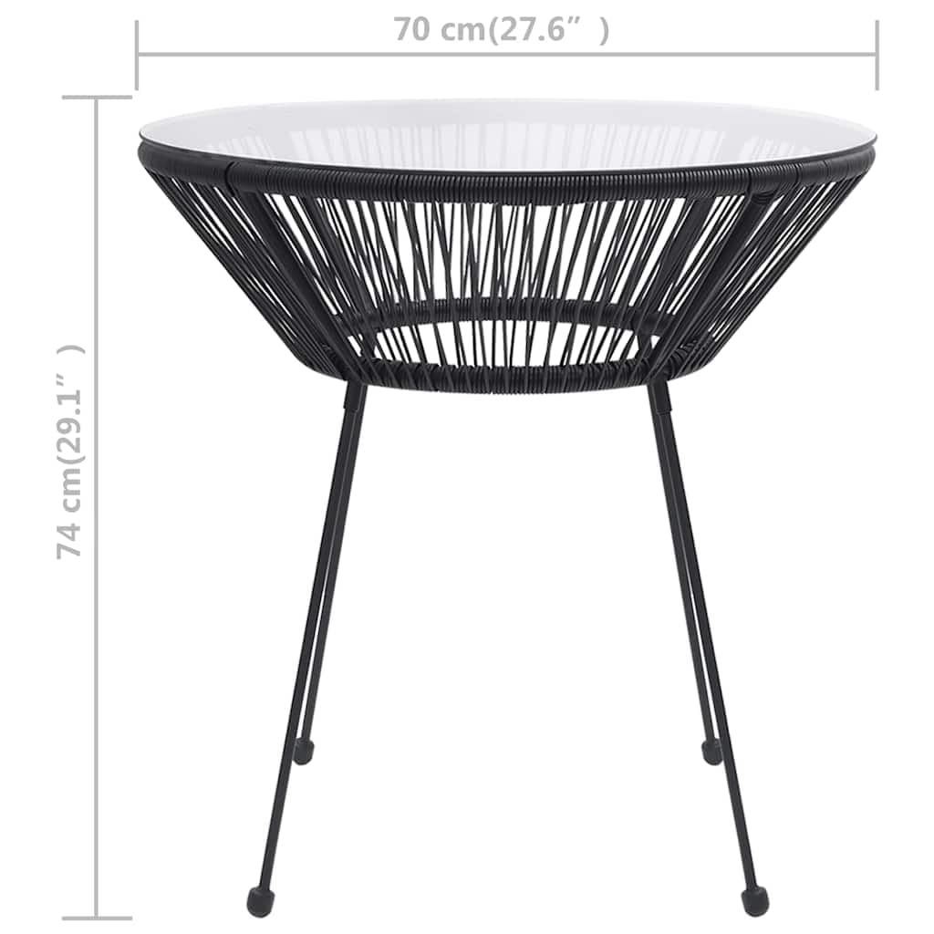 Mesa de comedor de jardín de color negro, Ø70 x 74 cm, de ratán y cristal templado para terraza, balcón, exterior, resistente a la intemperie, fácil de limpiar, como mesa auxiliar y comedor