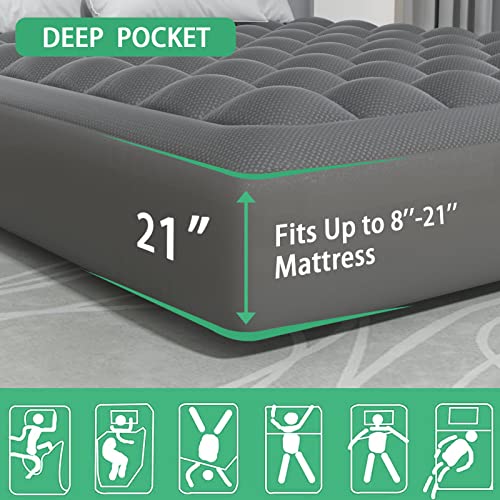 Extra Thick Waterproof Mattress Pad Full Xl Size Mattress Topper Mattress Protector Bed Cover 8-21" Deep Pocket Cooling Quilted Fitted Pillow Top Gray #TOP4