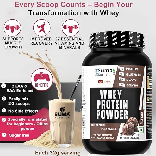 Image of Whey Protein Powder 2.2 Lbs (1kg) | Rich Chocolate Flavor | 24g Protein, 5.4g BCAAs, 5g Glutamine per Serving | Muscle Recovery & Growth | Pure Protein, Pure Result