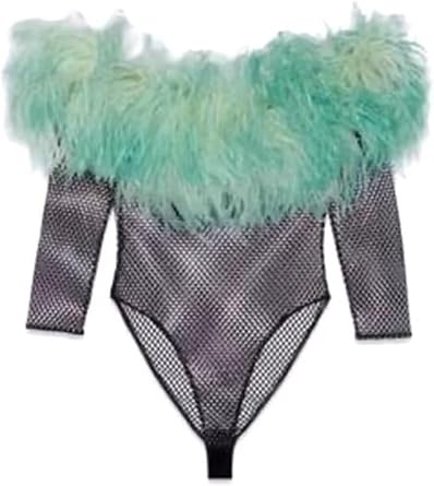 GR-79 Sexy See Through Mesh Top for Women with Real Ostrich Feather Fur Tube Off Shoulder Shiny Rhinestone Short