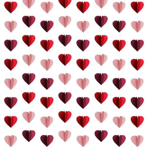 YiYa - 72 Pcs Red Hearts Glitter Garlands Heart Banner Strings 3D Hearts Hanging String Decoration for Valentines Day Party Decoration Birthday Parties Baby Showers Wedding Decoration