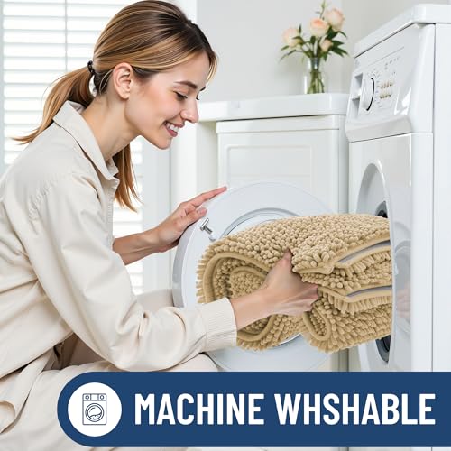 Smiry Luxury Chenille Bathroom Rugs 47x24, Extra Soft and Absorbent Shaggy Bath Mat, Machine Washable, Non-Slip Plush Carpet Runner for Tub, Shower, and Floor, Home Decor Accessories, Ivory