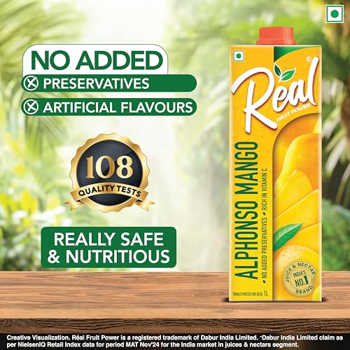 Image of Real Alphonso Mango Fruit Juice-1L | Rich In Vitamin C | No Added Preservatives, Artificial Colors & Flavours | Goodness Of Best Fruits | Tasty, Refreshing & Energising