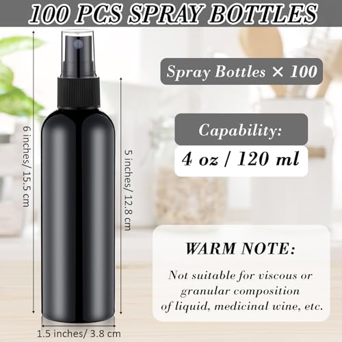 Kigley 100 Pcs Small Spray Bottle Bulk 4 oz Plastic Empty Mist Spray Bottles for Essential Oils Fine Mist Sprayer Reusable Refillable Portable Travel Containers for Perfume Cleaning Samples(Black)2