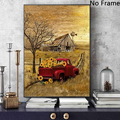 Barn Prints Farmhouse Old Barn Vintage Farmhouse Canvas Wall Art Red Truck Farmhouse Wall Art Old Truck Red Barn Canvas Old House Pictures Wall Decor Old Barn Sunflower Pictures 16X24Inch No Frame #TOP1