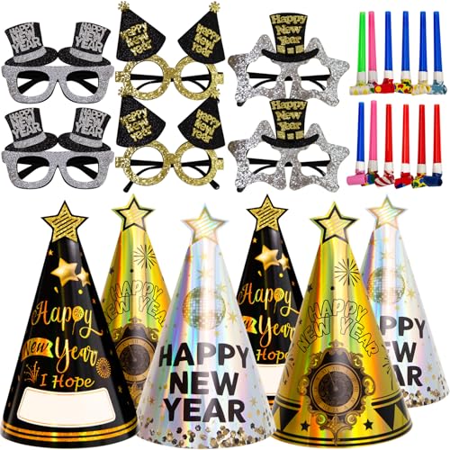 ceiba tree New Years Eve Party Supplies 2025 Party Accessories 12pcs Hats 12pcs Squawkers 6pcs Felt Glasses Happy New Year Decorations NYE Decorations