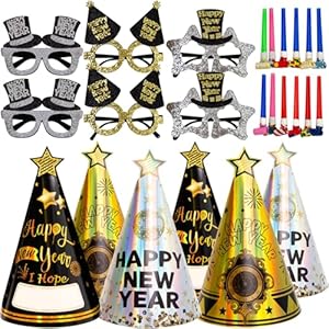 ceiba tree Happy New Years Eve Party Supplies 2025 Party Favors 12 Hats 6 Felt Plastic Frame Glitter Glasses 12 Blowouts New Year Decorations NYE Party Favors Squawkers Noisemakers