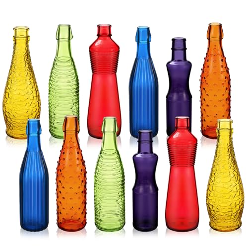 12 Pcs Colored Glass Bottles Colorful Empty Wine Bottles Decorative Glass Bottle for Bottle Tree Garden Yard Outdoor Home Decor(Dark Rainbow Color,Textured)