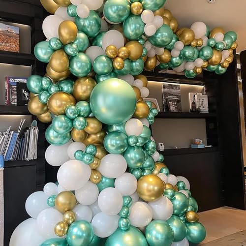Image of 50pcs Green Chrome, Gold Chrome and White Balloons for Birthday Decorations, Anniversary, Engagement, Wedding Decorations, Baby Shower, Festival Party Decorations (50 Pcs, Green Gold Ch)