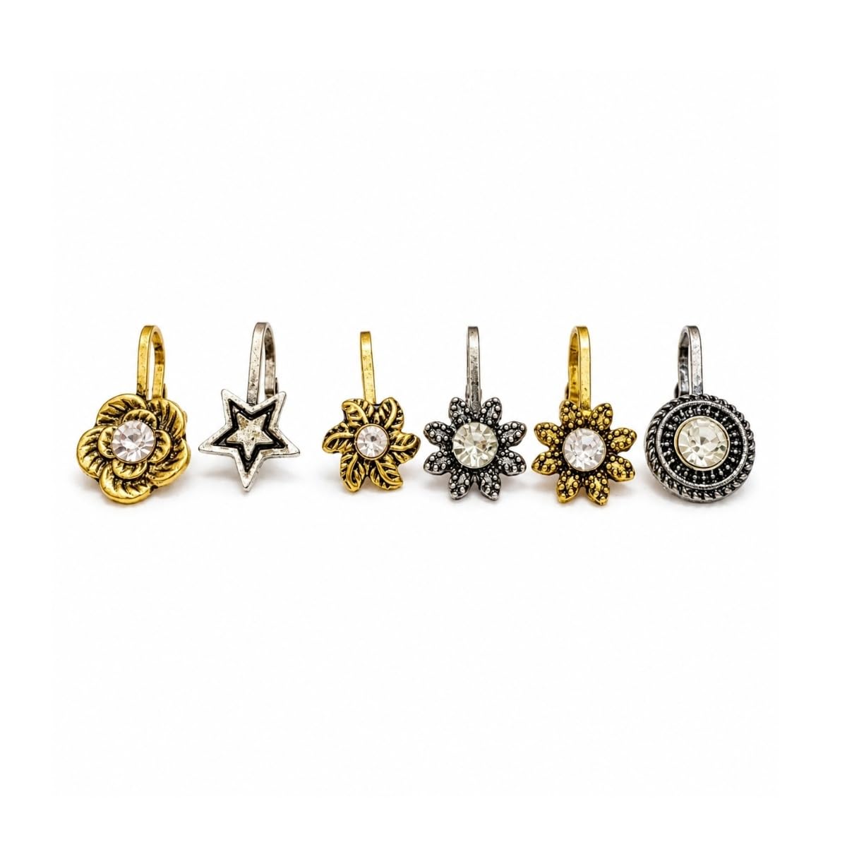 Floral Crystal Clip-On Nose Ring Set for Women & Girls | Oxidised Gold & Silver Finish | Assorted Floral & Star Designs | Non-Pierced Adjustable Nose Pin Combo Pack of 6-image-7
