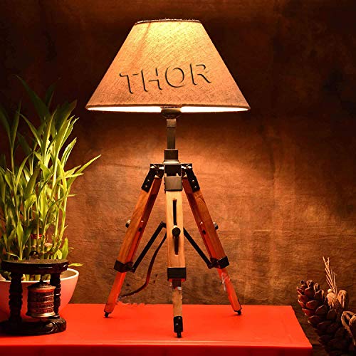 Thor Instruments Vintage Tripod Table Lamp Adjustable Lamp Teak Wood For Home Decor (Lamp Shade Not Included) Rustic Vintage Home Decor Gifts cover