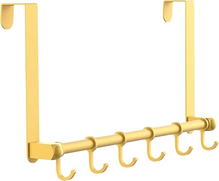 Bntuk Over The Door Hooks, Over Door Towel Racks with 6 Adjustable Hooks, Sturdy Door Hanger Hooks for Hanging Heavy Coats/Towel/Bag, Bathroom Kitchen Organizer, Gold