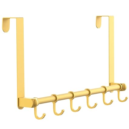 Bntuk Over The Door Hooks, Over Door Towel Racks with 6 Adjustable Hooks, Sturdy Door Hanger Hooks for Hanging Heavy Coats/Towel/Bag, Bathroom Kitchen Organizer, Gold
