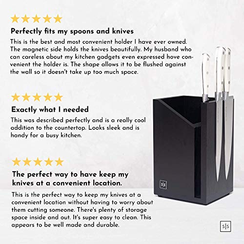 Magnetic Knife Block and Utensil Caddy, Black - Dual Purpose Design - Universal Knife Block without Knives and Black Utensil Holder