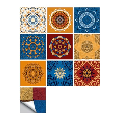DOTBUY-SHOP Pegatinas Baldosas Cocina, Estilo Mandala Azulejos Adhesivos Baño 10 Piezas PVC Impermeable Autoadhesivo Paneles Decorativos para Pared para Bricolaje, Decoración (Estilo 5,15x15cm)