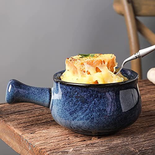 Image of vicrays French Onion Soup Bowls With Handles, 26 Ounce for Soup, Chili, Beef Stew, Chip Resistant, Dishwasher Microwave Safe, Set of 4 (Strary Blue)
