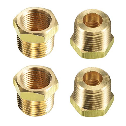 uxcell Brass Pipe Fitting Reducer Adapter 1/2NPT Male x 3/8NPT Female for Water Oil Air Pressure Gauge Temp Sensor, Pack of 4