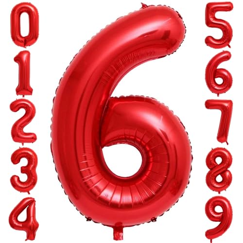 Image of Red 6 Number Balloons,40 Inch 6 Balloons Foil Mylar Helium Big Red 6 Balloon Number for Birthday Party Anniversary Decorations