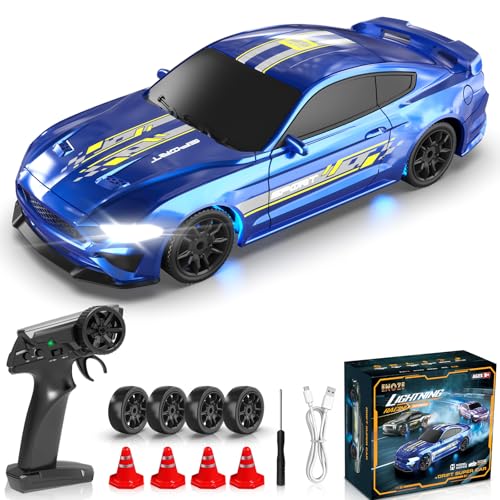 YUAN PLAN RC Drift Car 1/43 Scale Mini RC Drift Cars with Gyro, 4WD Full Proporitonal High Speed Remote Control Car with LED Lights and Drifting Tires Hobby Racing Cars for Adults Kids Boys Girl, Blue