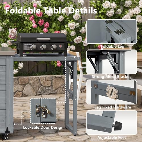 Image of Merax 78.3 inch Outdoor Kitchen Island with Foldable Grill Table, Wooden Outdoor Grill Cart with Trash Can Storage & Stainless Steel Top, Outdoor Bar Cart, Pizza Oven Table for Lawn & Garden, Dark Brown