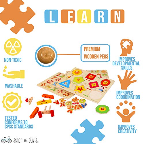 Wooden Peg Puzzles for Toddlers – (Pack of 3 with Stackable Learning Clock) Educational Preschool Puzzles for Toddlers 1 2 3 Year Old Kids Boys Girls Babies 12 18 36 Months Children Math Learning Set