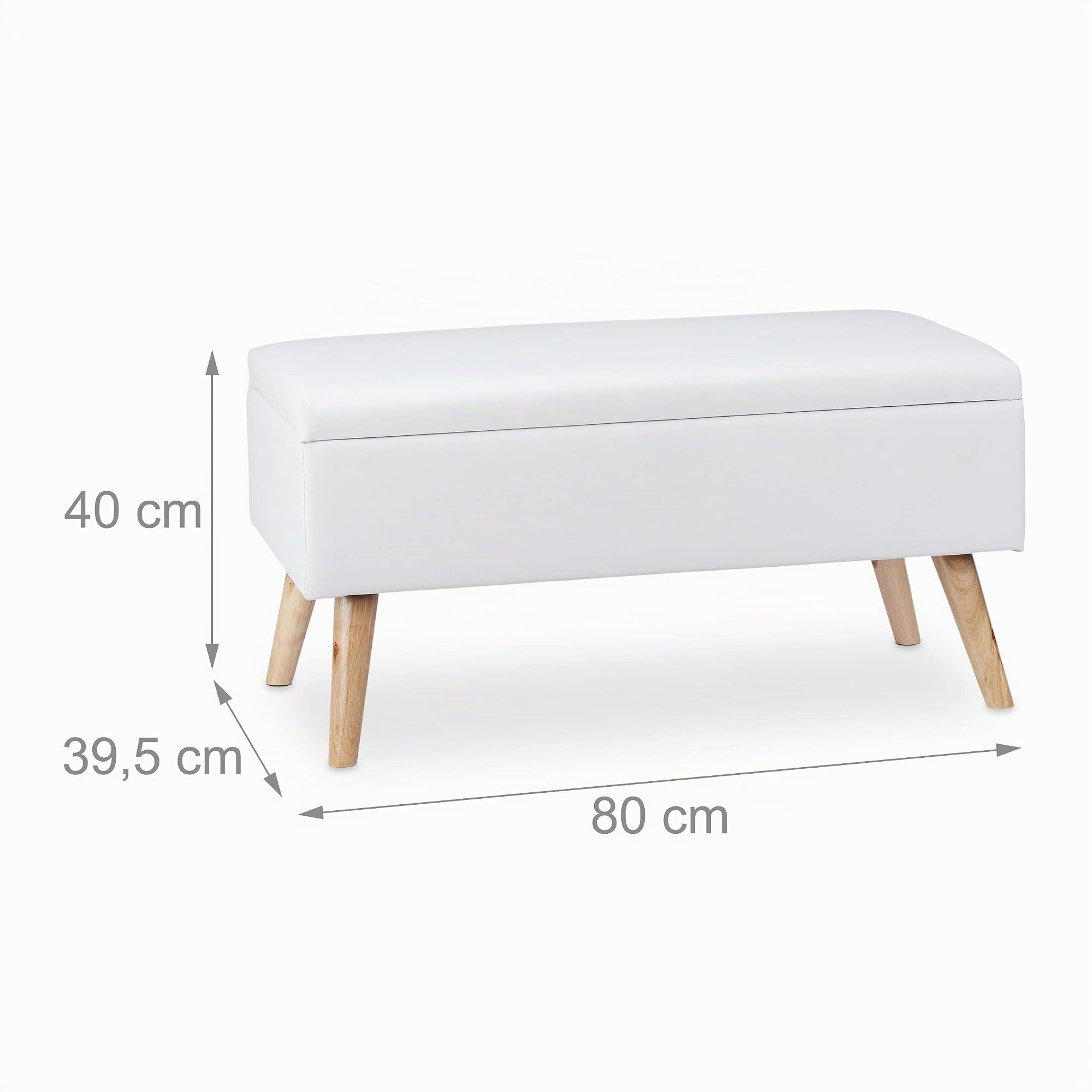 Relaxdays Panca Contenitore, 40 l, in finta pelle, con Gambe in Legno, Cassapanca Imbottita, Bianco, HxLxP: 40 x 80 x 39.5 cm